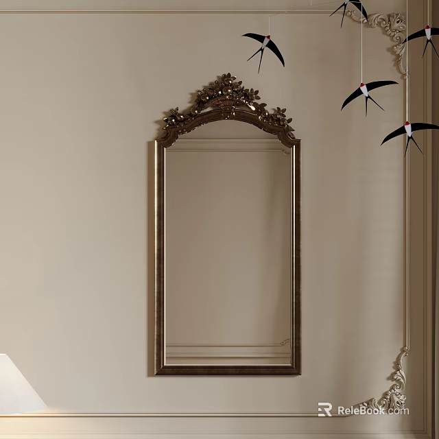 Ornate Wall Mounted Mirror With Decorative Carved Frame And Hanging Bird Decor 3d model 