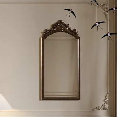 Ornate Wall Mounted Mirror With Decorative Carved Frame And Hanging Bird Decor 3d model
