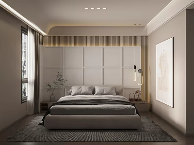 Modern Bedroom Interior Design With Paneled Headboard Wall Bed Rug And Artwork 3d model