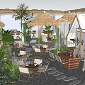 Outdoor Garden Decor With Thatch Umbrellas Cactus Plants Tables Chairs Stone Path Lighting