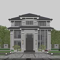 Elegant Two Story Detached Villa with White Facade Dark Roof Grand Pillars and Lush Greenery