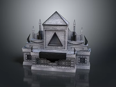 Scenic Landscape Featuring Ancient Stone Structure with Spires Triangular Window Carved Base and Black Drapery 3d model