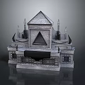 Scenic Landscape Featuring Ancient Stone Structure with Spires Triangular Window Carved Base and Black Drapery