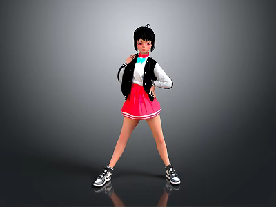 Game Movie Character In Black Vest White Top And Pink Skirt With Sneakers 3d model