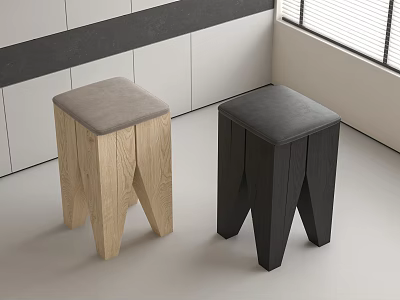 Two Modern Wooden Stools With Unique Leg Design In Different Colors 3d model