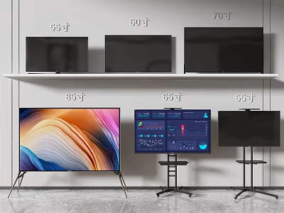Various Size Television Sets Displayed On Wall Shelf And Floor Stands 3d model