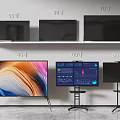 Various Size Television Sets Displayed On Wall Shelf And Floor Stands