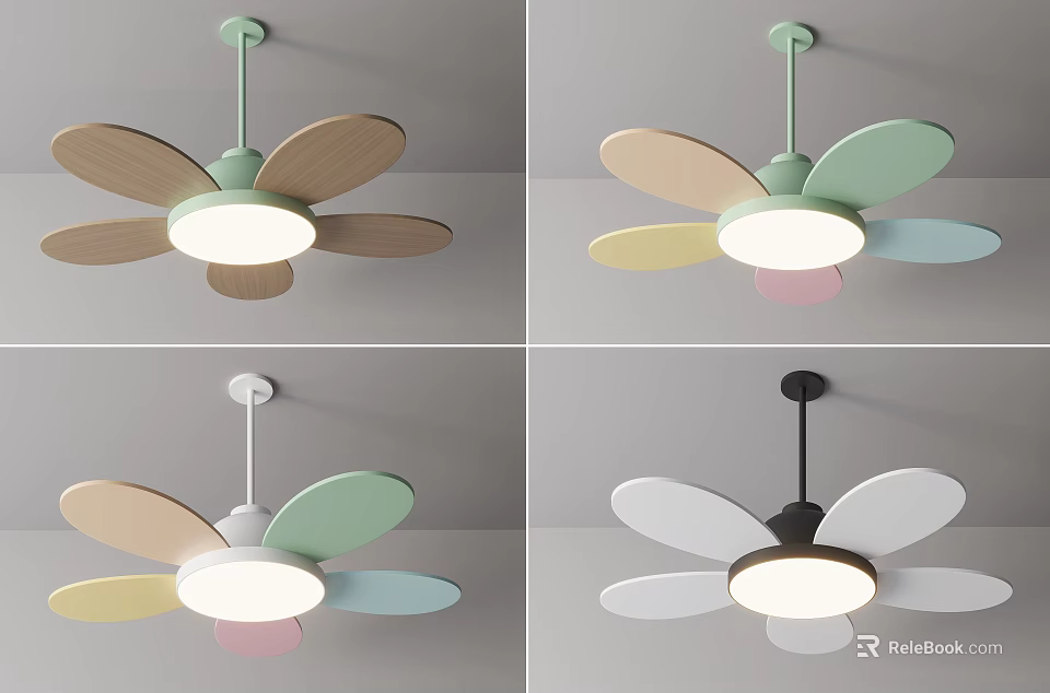 Modern Colorful Ceiling Fan With Various Blades And Built In Light Designs 3d model 