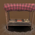 Wooden Market Stall With Red Black Checkered Canopy And Fruit Vegetable Trays