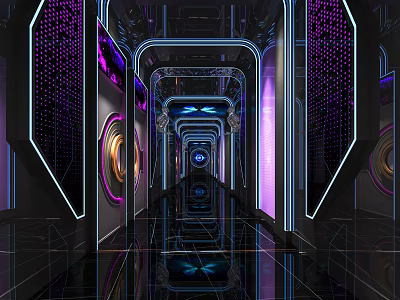 Modern Futuristic KTV Corridor With Purple Blue Neon Lights Illuminated Decorations And Mirrored Floors 3d model