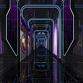 Modern Futuristic KTV Corridor With Purple Blue Neon Lights Illuminated Decorations And Mirrored Floors
