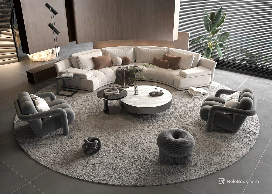Modern Sectional Sofa And Coffee Table Set With Living Room Design Armchairs Round Rug 3d model 