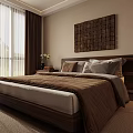 Modern Bedroom Interior Design With Wooden Bed Decorative Painting Nightstand And Curtains