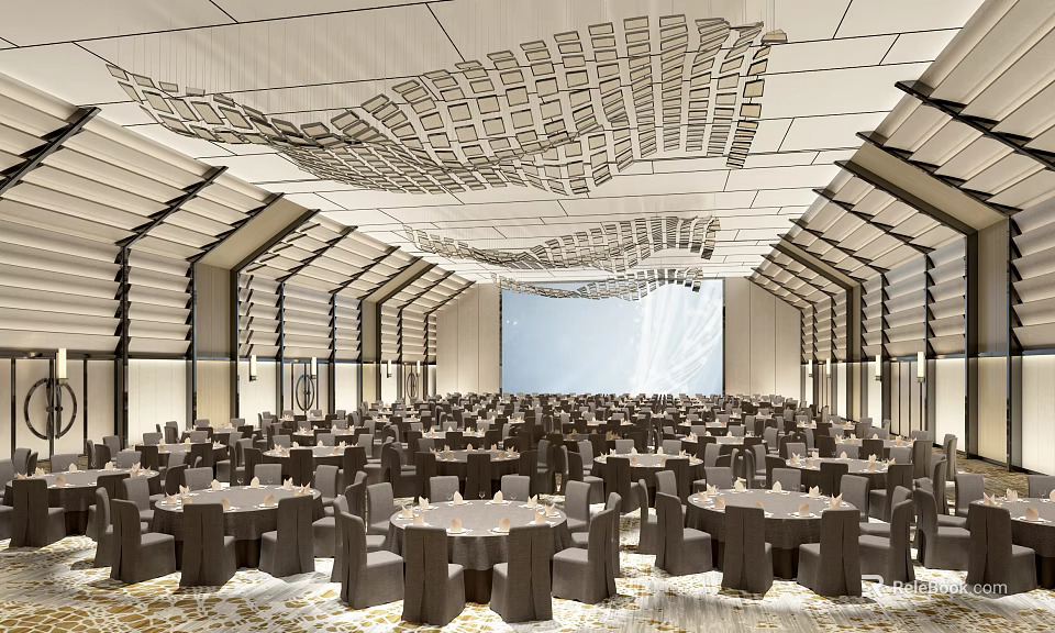 Elegant Banquet Hall Interior Featuring Grid Ceiling Design Large Screen And Arranged Seating 3d model 