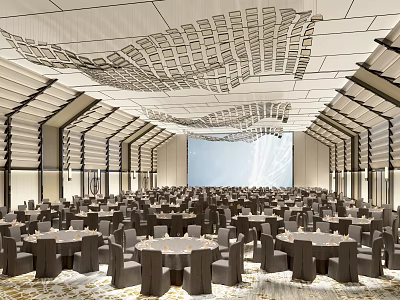 Elegant Banquet Hall Interior Featuring Grid Ceiling Design Large Screen And Arranged Seating 3d model