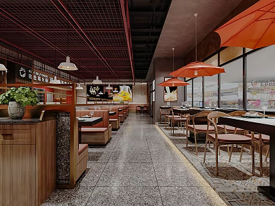 Modern Hot Pot Restaurant Interior With Open Kitchen Dining Tables And Pendant Lights 3d model