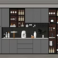 Modern Wine Cabinet With Glass Doors Wine Bottles Coffee Machine And Decorative Plants
