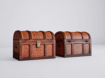 Two Vintage Wooden Trunks With Intricate Carved Patterns And Storage Design 3d model