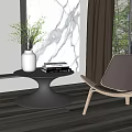 Modern Leisure Chair With Wooden Frame Brown Cushion Beside Coffee Table Plants Near Window