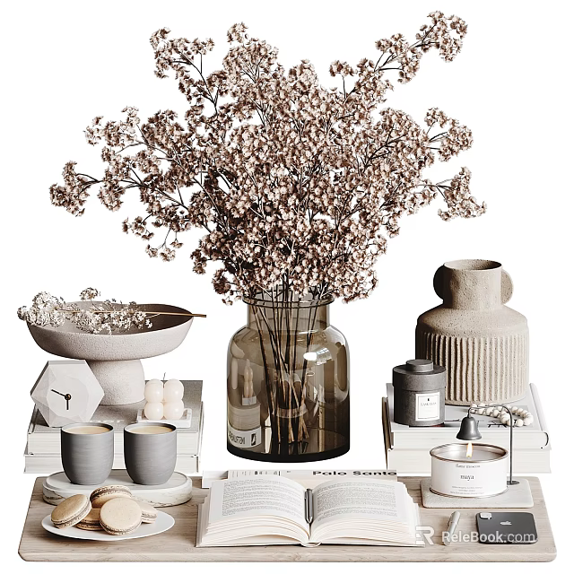 Elegant Decorative Ornament Set With Dried Flower Vase Ceramic Bowl Candles And Books 3d model 