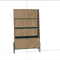 Wooden Storage Cabinet With Metal Frame Shelves And Herringbone Pattern Doors