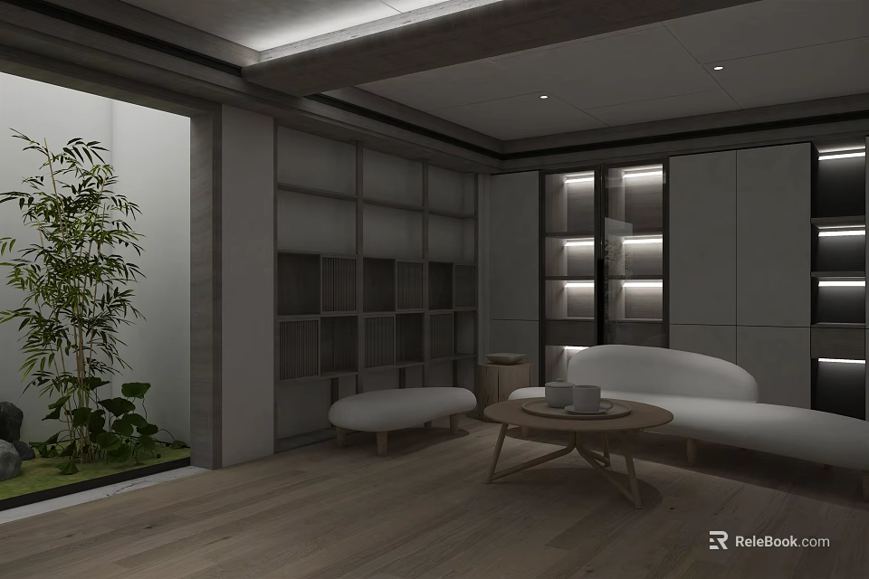 Modern Basement Interior Design With White Sofa Wooden Coffee Table Built in Shelves Green Plant Warm Lighting 3d model 