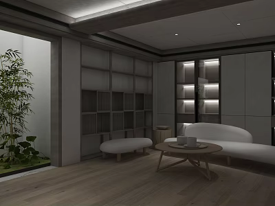 Modern Basement Interior Design With White Sofa Wooden Coffee Table Built in Shelves Green Plant Warm Lighting 3d model