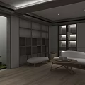 Modern Basement Interior Design With White Sofa Wooden Coffee Table Built in Shelves Green Plant Warm Lighting