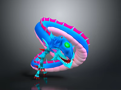 Blue And Pink Fantasy Dragon With Coiled Body Green Eyes Sharp Teeth And Red Spikes 3d model