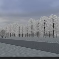 Winter Street Landscape with Snow Covered Trees Overcast Sky Street Lamps and Snowy Ground