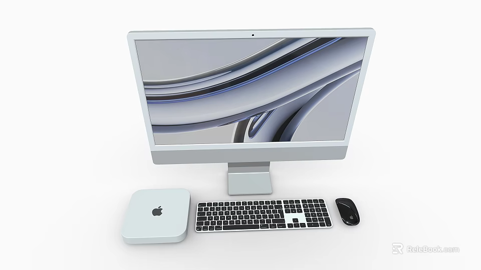 White Desktop Computer Setup With iMac Display Mac mini Tower Keyboard And Mouse 3d model 