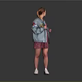 Woman With Ponytail In Light Blue Denim Jacket Pink Floral Dress White Sneakers