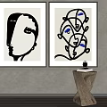 Abstract Face Artworks With Black White Blue Elements On Wall And Decorative Object 3d model