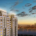 Modern High Rise Residential Building Exterior With Trees And Street View