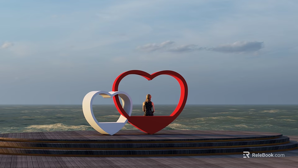 Seaside Ocean View With Red And White Heart Shaped Sculptures And Person Sitting 3d model 