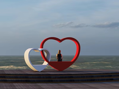 Seaside Ocean View With Red And White Heart Shaped Sculptures And Person Sitting 3d model