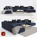 Navy Blue Double Sofa With Plush Cushions Throw Blanket And Glass Coffee Table 3d model