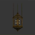 Antique Golden Lantern With Intricate Metal Frame And Hanging Chains