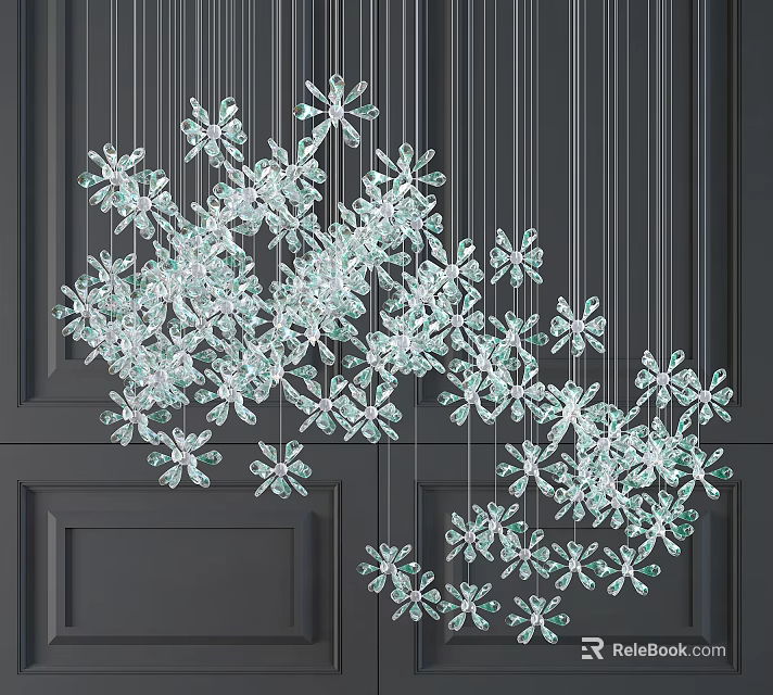 Crystal Chandelier With Snowflake Shaped Clear Crystals Hanging Against Dark Wall 3d model 