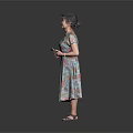 Casual Woman Standing In Floral Dress With Hat Red Bag And Sandals