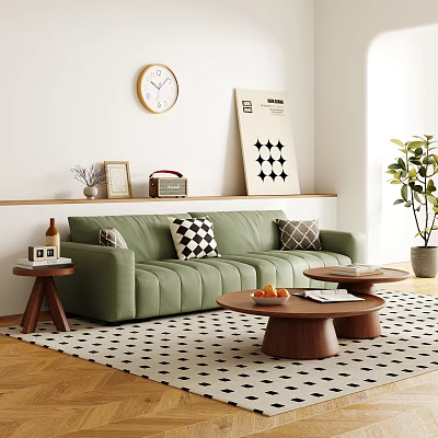 Cozy Living Room Interior With Green Sofa Wooden Coffee Table And Checkered Rug 3d model