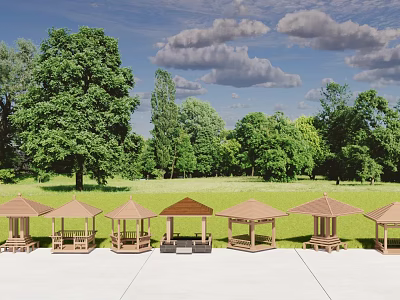 Outdoor Pavilions In Grassy Field With Trees Blue Sky And Clouds On Concrete Ground 3d model