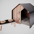 Cozy Garden Pet House With Wooden Structure Black Roof And Small Wooden Table With Bowls