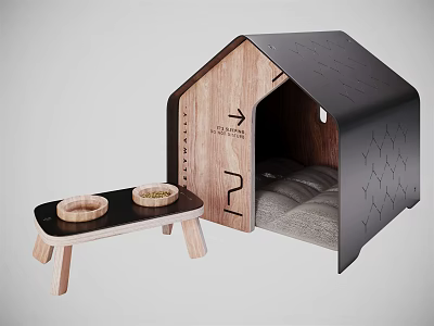 Cozy Garden Pet House With Wooden Structure Black Roof And Small Wooden Table With Bowls 3d model