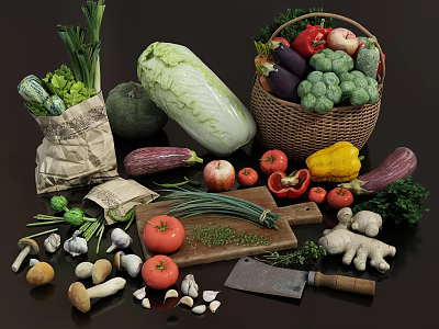 Fresh Assorted Vegetables in Wicker Basket and Paper Bag on Wooden Cutting Board with Knife 3d model