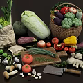 Fresh Assorted Vegetables in Wicker Basket and Paper Bag on Wooden Cutting Board with Knife