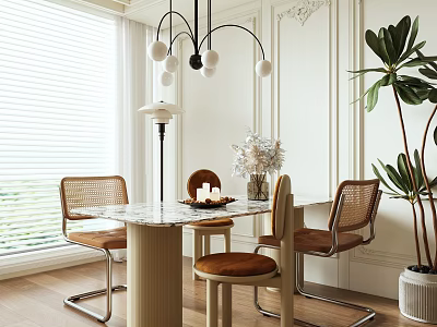 Elegant Dining Table Set With Marble Top Rattan Chairs Leather Seats And Chandelier 3d model