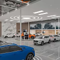 Modern Car Showroom Interior With Wooden Walls Marble Logo Wall Display Screens And Ceiling Lights