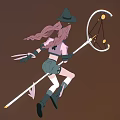 Woman with pink long ponytail black hat yellow decorations holding glowing sword in dark sky