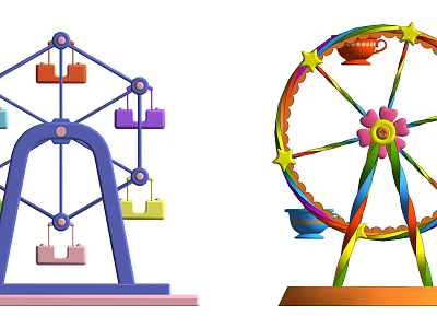 Colorful Amusement Park Rides Including Ferris Wheel And Carousel Teacups With Stars And Flower Design 3d model